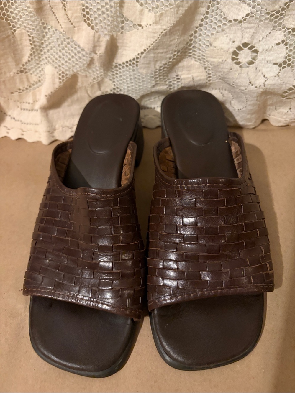 Woven Leather Slides / Mules Fits 8 (marked 7) Made in Brazil Brown Block Heel